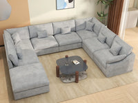 Deluxe Cloud 7-Seater Light Grey Open Space Pit Sectional | 8-Piece (Includes 1 Ottoman), Chenille And Linen Fabric, Easy To Clean