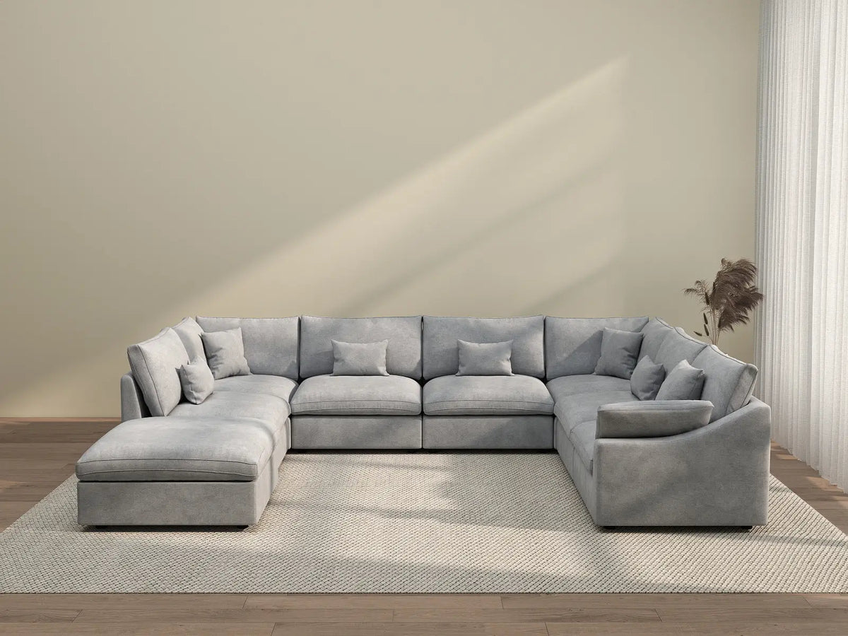 Deluxe Cloud 7-Seater Light Grey Open Space Pit Sectional | 8-Piece (Includes 1 Ottoman), Chenille And Linen Fabric, Easy To Clean