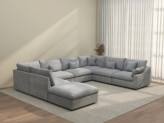 Deluxe Cloud 7-Seater Light Grey Open Space Pit Sectional | 8-Piece (Includes 1 Ottoman), Chenille And Linen Fabric, Easy To Clean