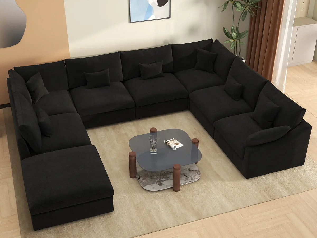 Deluxe Cloud 7-Seater Black Pit Sectional | 8-Piece (Includes 1 Ottoman), Chenille And Linen Fabric, Washable Cushion Covers