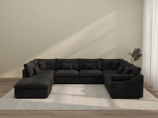 Deluxe Cloud 7-Seater Black Pit Sectional | 8-Piece (Includes 1 Ottoman), Chenille And Linen Fabric, Washable Cushion Covers