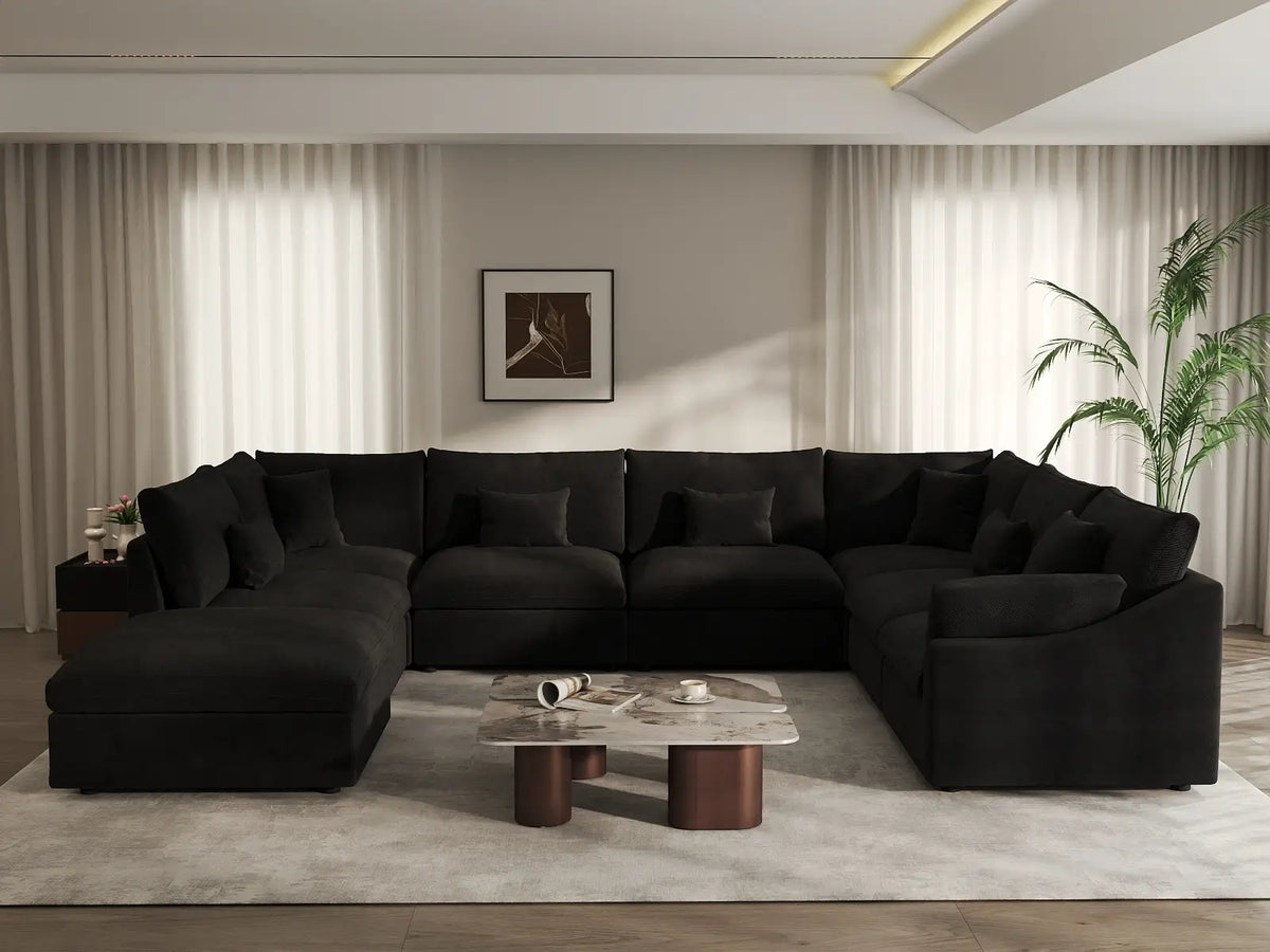 Deluxe Cloud 7-Seater Black Pit Sectional | 8-Piece (Includes 1 Ottoman), Chenille And Linen Fabric, Washable Cushion Covers