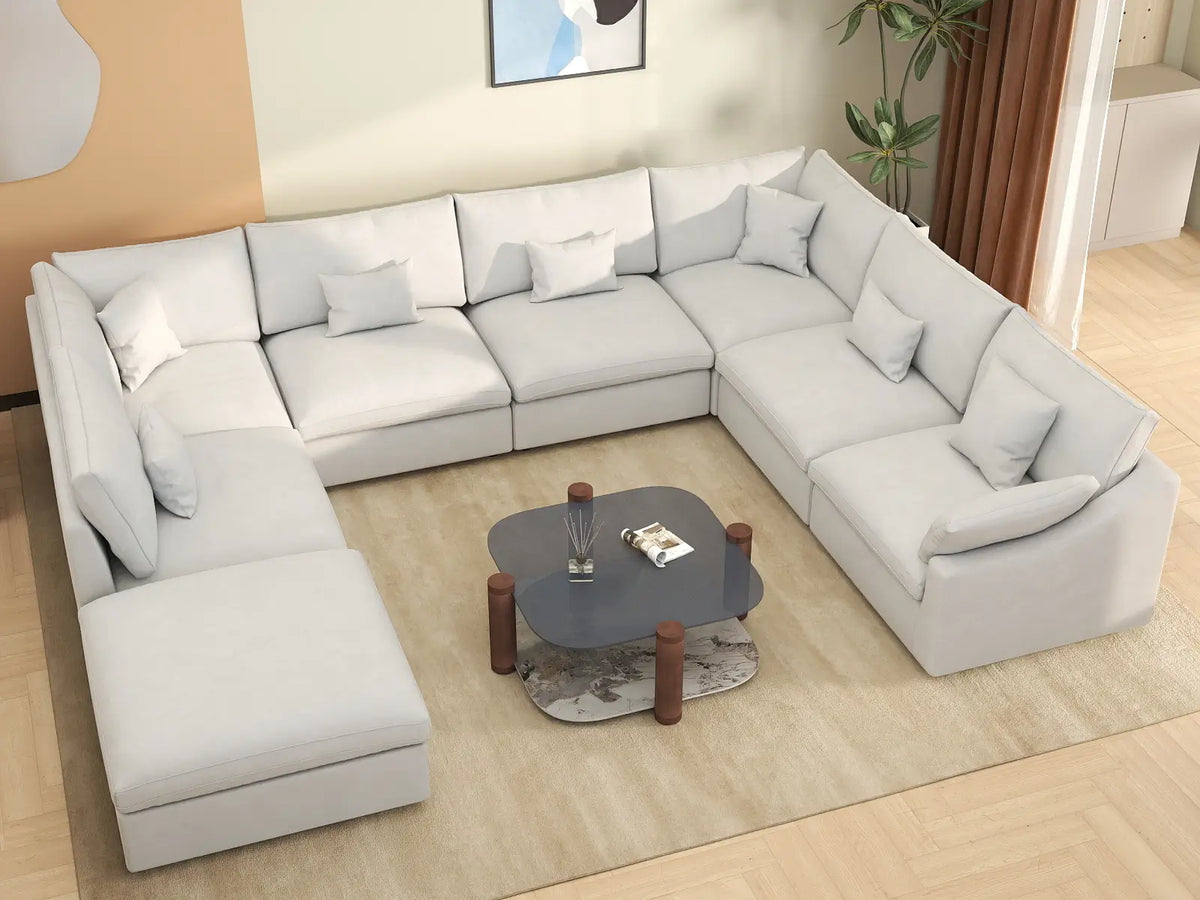 Deluxe Cloud 7-Seater White Pit Sectional | 8-Piece (Includes 1 Ottoman), Chenille And Linen Fabric, Washable Cushion Covers