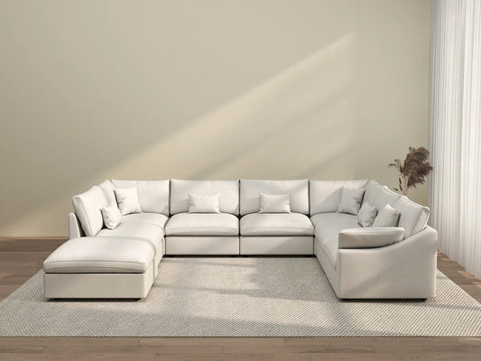 Deluxe Cloud 7-Seater White Pit Sectional | 8-Piece (Includes 1 Ottoman), Chenille And Linen Fabric, Washable Cushion Covers