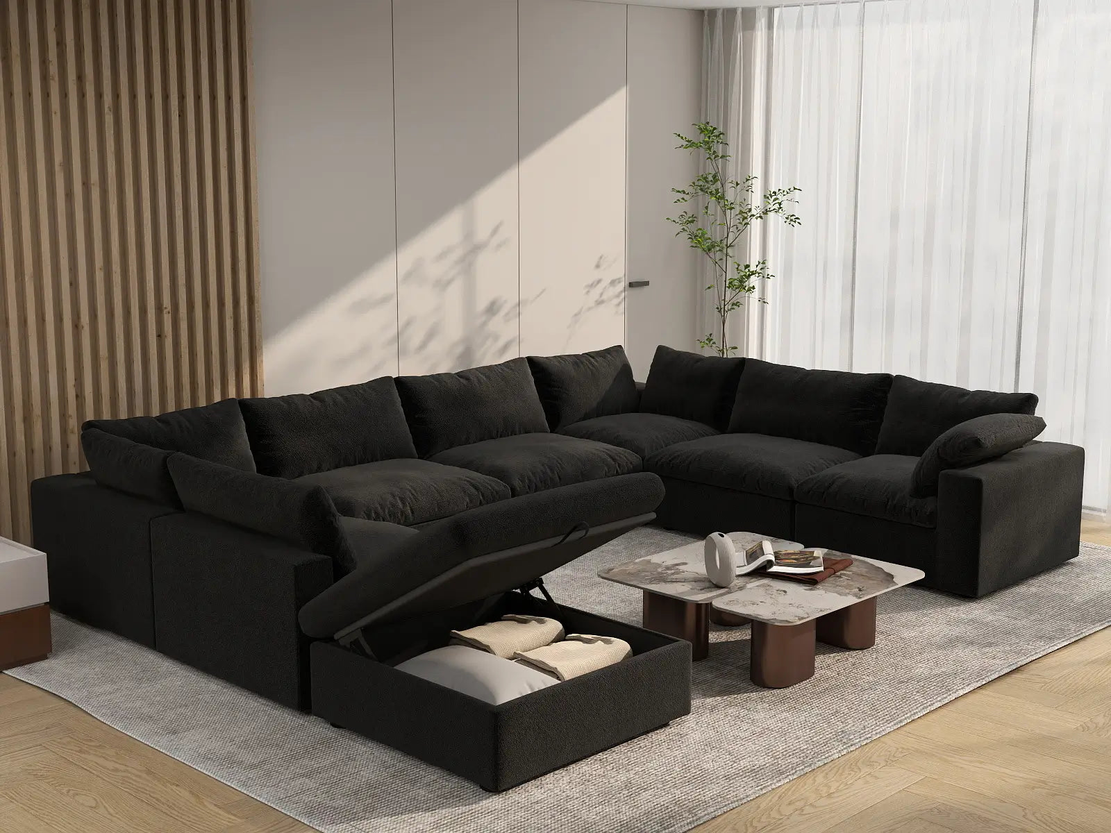 Deluxe Cloud 7-Seater Black Open Space U-Shaped Sectional | 8-Piece (Includes 1 Ottoman), Cotton And Linen Fabric, Easy To Clean