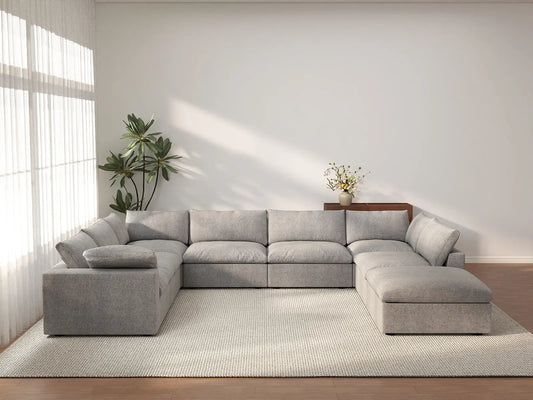 Deluxe Cloud 7-Seater Light Grey Open Space U-Shaped Sectional | 8-Piece (Includes 1 Ottoman), Cotton And Linen Fabric, Easy To Clean