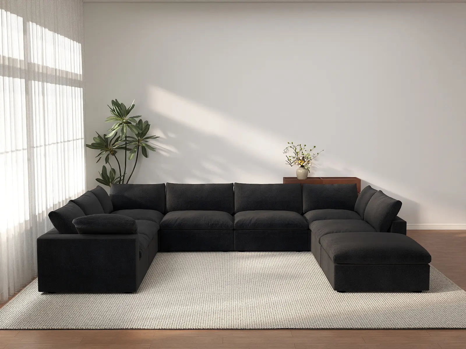 Deluxe Cloud 7-Seater Black Open Space U-Shaped Sectional | 8-Piece (Includes 1 Ottoman), Cotton And Linen Fabric, Easy To Clean