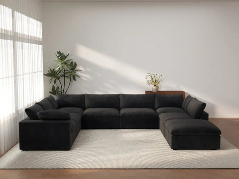 Deluxe Cloud 7-Seater Black Open Space U-Shaped Sectional | 8-Piece (Includes 1 Ottoman), Cotton And Linen Fabric, Easy To Clean