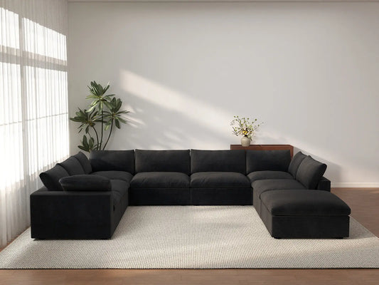 Deluxe Cloud 7-Seater Black Open Space U-Shaped Sectional | 8-Piece (Includes 1 Ottoman), Cotton And Linen Fabric, Easy To Clean