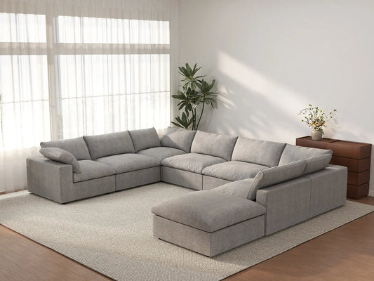 Deluxe Cloud 7-Seater Light Grey Open Space U-Shaped Sectional | 8-Piece (Includes 1 Ottoman), Cotton And Linen Fabric, Easy To Clean