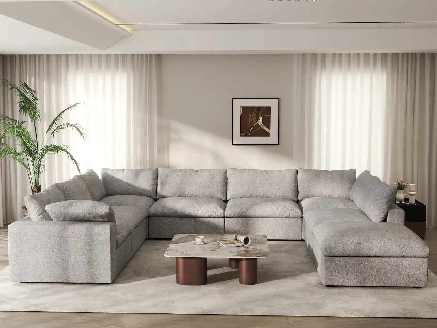 Deluxe Cloud 7-Seater Light Grey Open Space U-Shaped Sectional | 8-Piece (Includes 1 Ottoman), Cotton And Linen Fabric, Easy To Clean