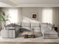 Deluxe Cloud 7-Seater Light Grey Open Space U-Shaped Sectional | 8-Piece (Includes 1 Ottoman), Cotton And Linen Fabric, Easy To Clean