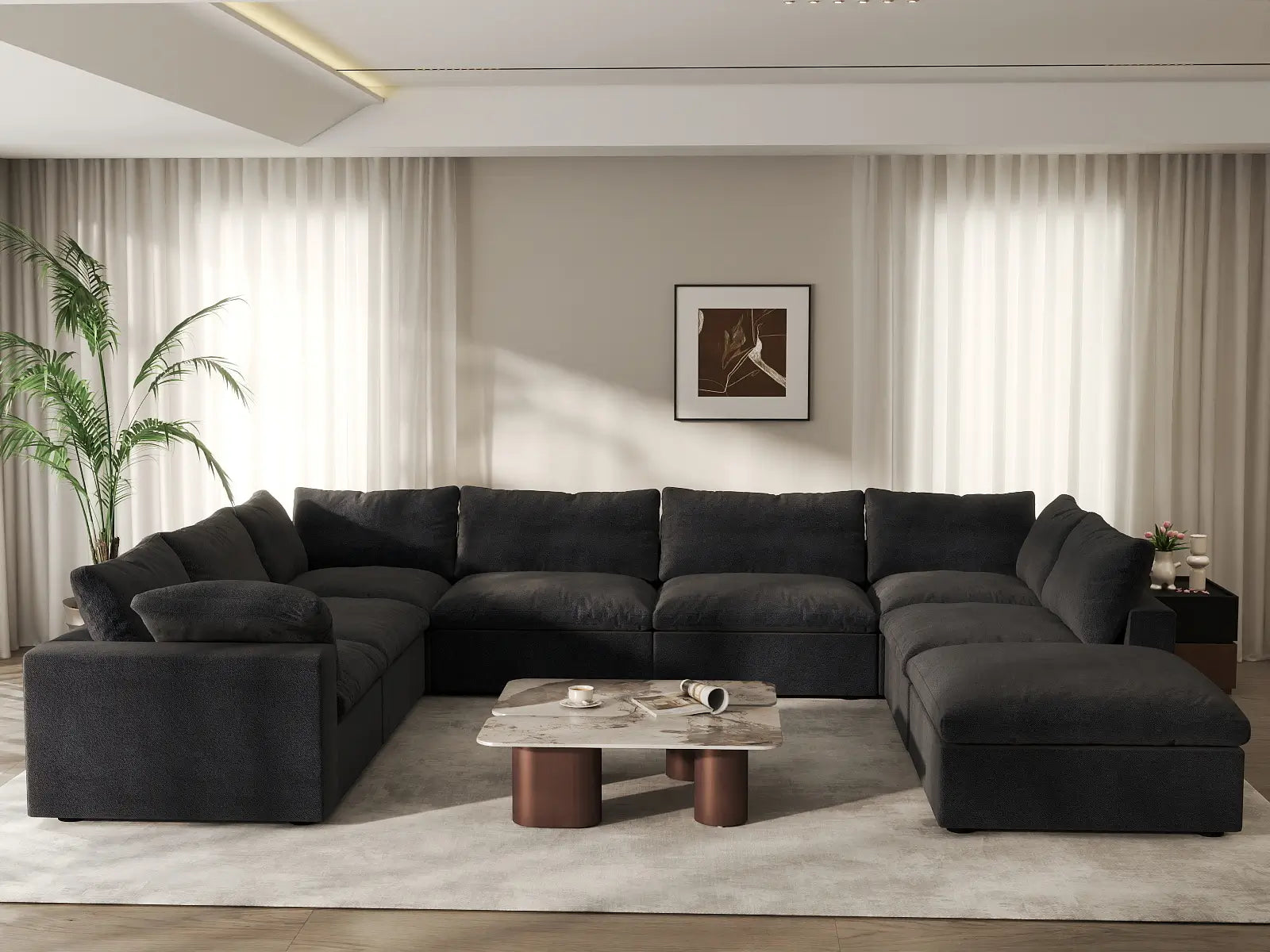 Deluxe Cloud 7-Seater Black Open Space U-Shaped Sectional | 8-Piece (Includes 1 Ottoman), Cotton And Linen Fabric, Easy To Clean