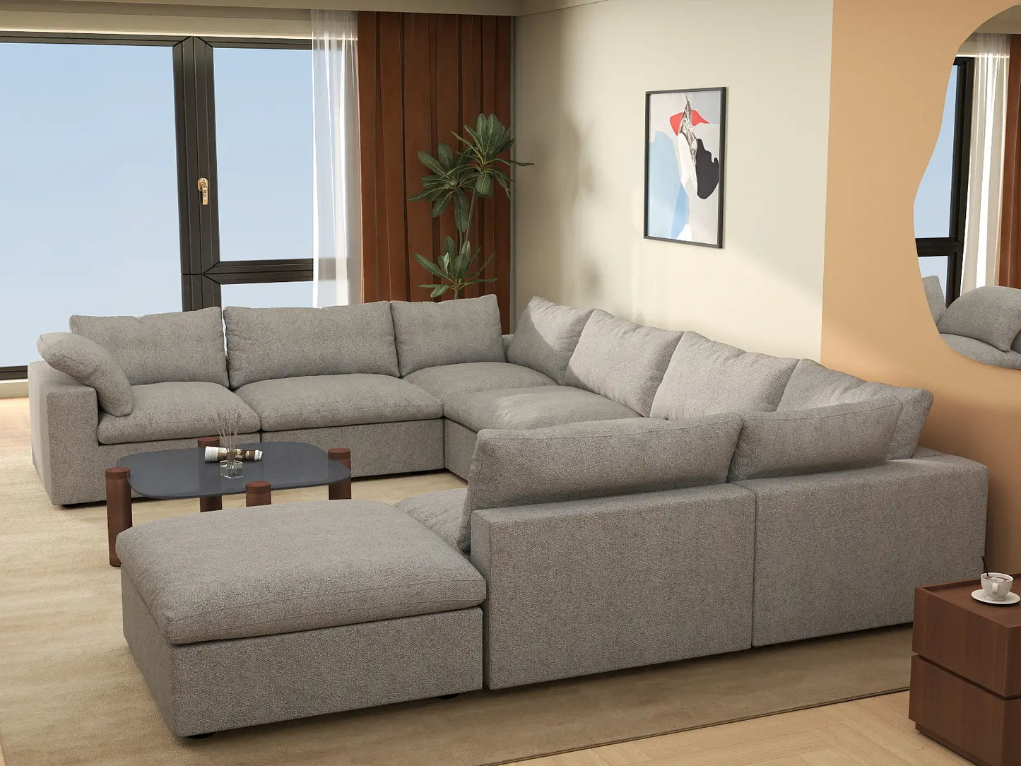 Deluxe Premium Cloud Sectional Sofa Covers | Light Grey Cotton and Linen Sofa Cover for 7-Seater with 1-Ottoman