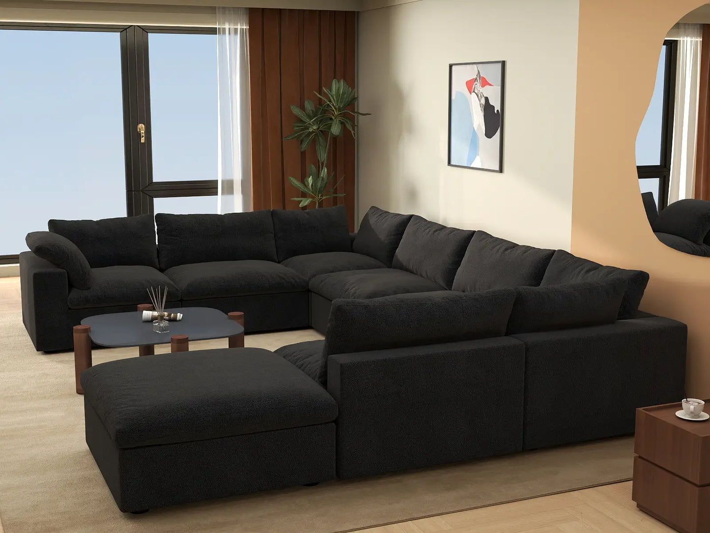 Deluxe Premium Cloud Sectional Sofa Covers | Black Cotton and Linen Sofa Cover for 7-Seater with 1-Ottoman