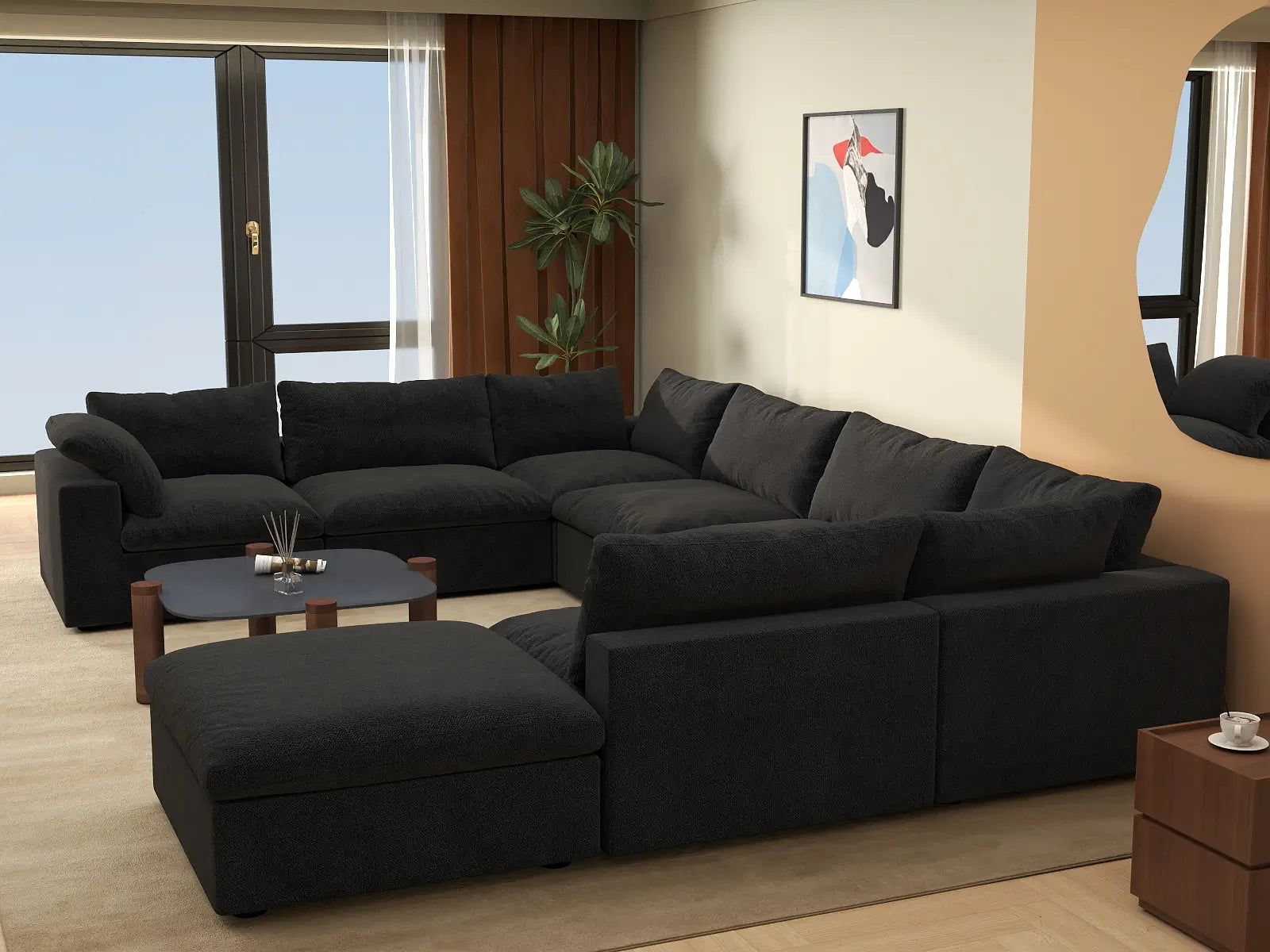Deluxe Premium Cloud Sectional Sofa Covers | Black Cotton and Linen Sofa Cover for 7-Seater with 1-Ottoman