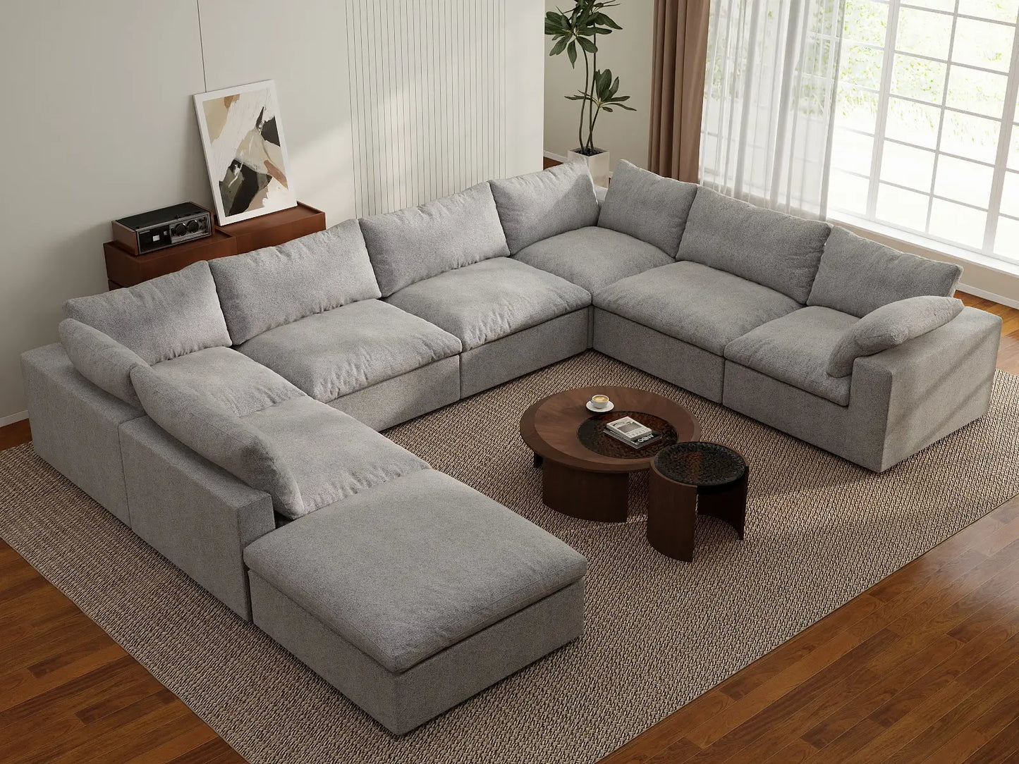 Deluxe Premium Cloud Sectional Sofa Covers | Light Grey Cotton and Linen Sofa Cover for 7-Seater with 1-Ottoman