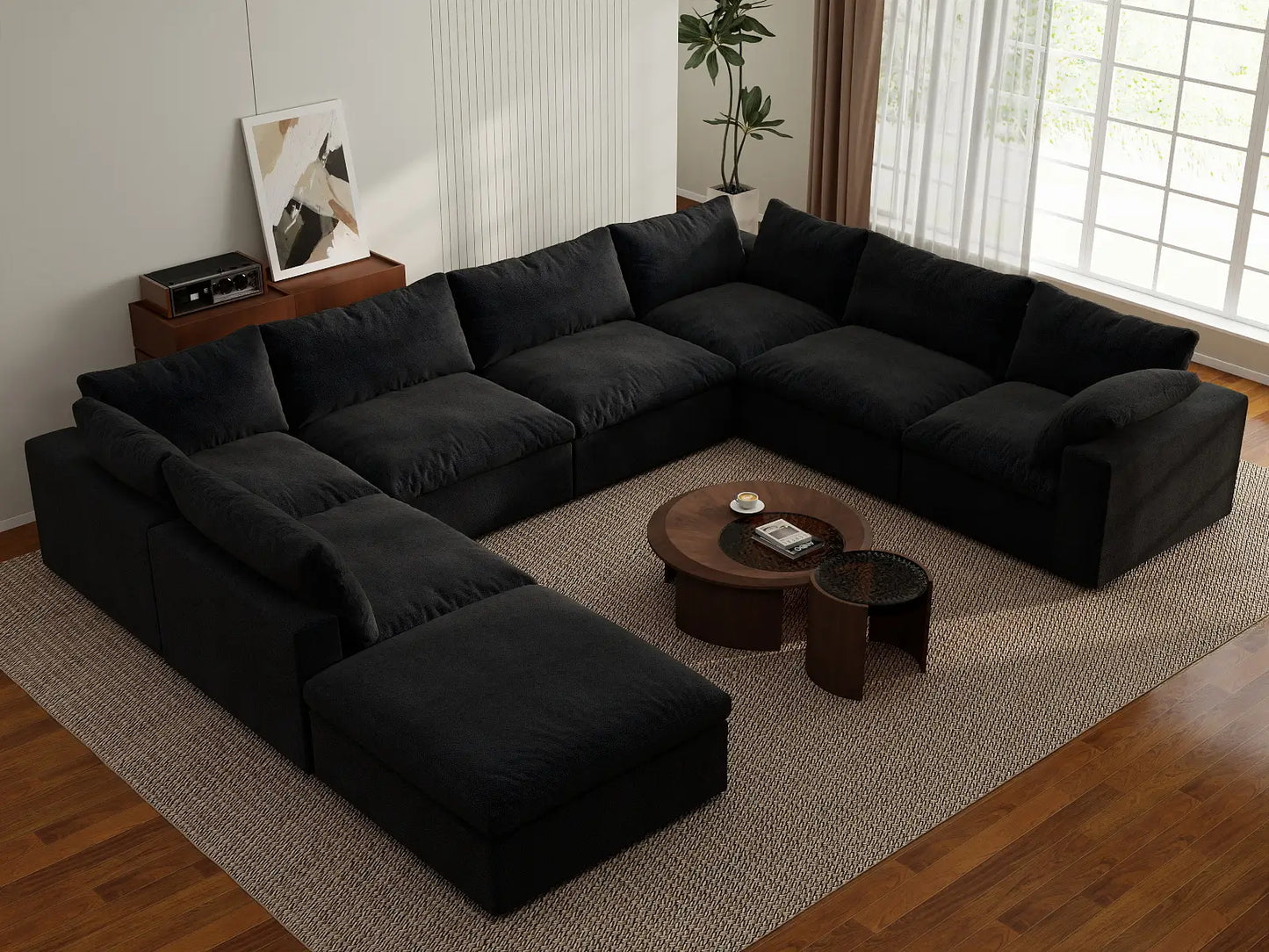 Deluxe Premium Cloud Sectional Sofa Covers | Black Cotton and Linen Sofa Cover for 7-Seater with 1-Ottoman