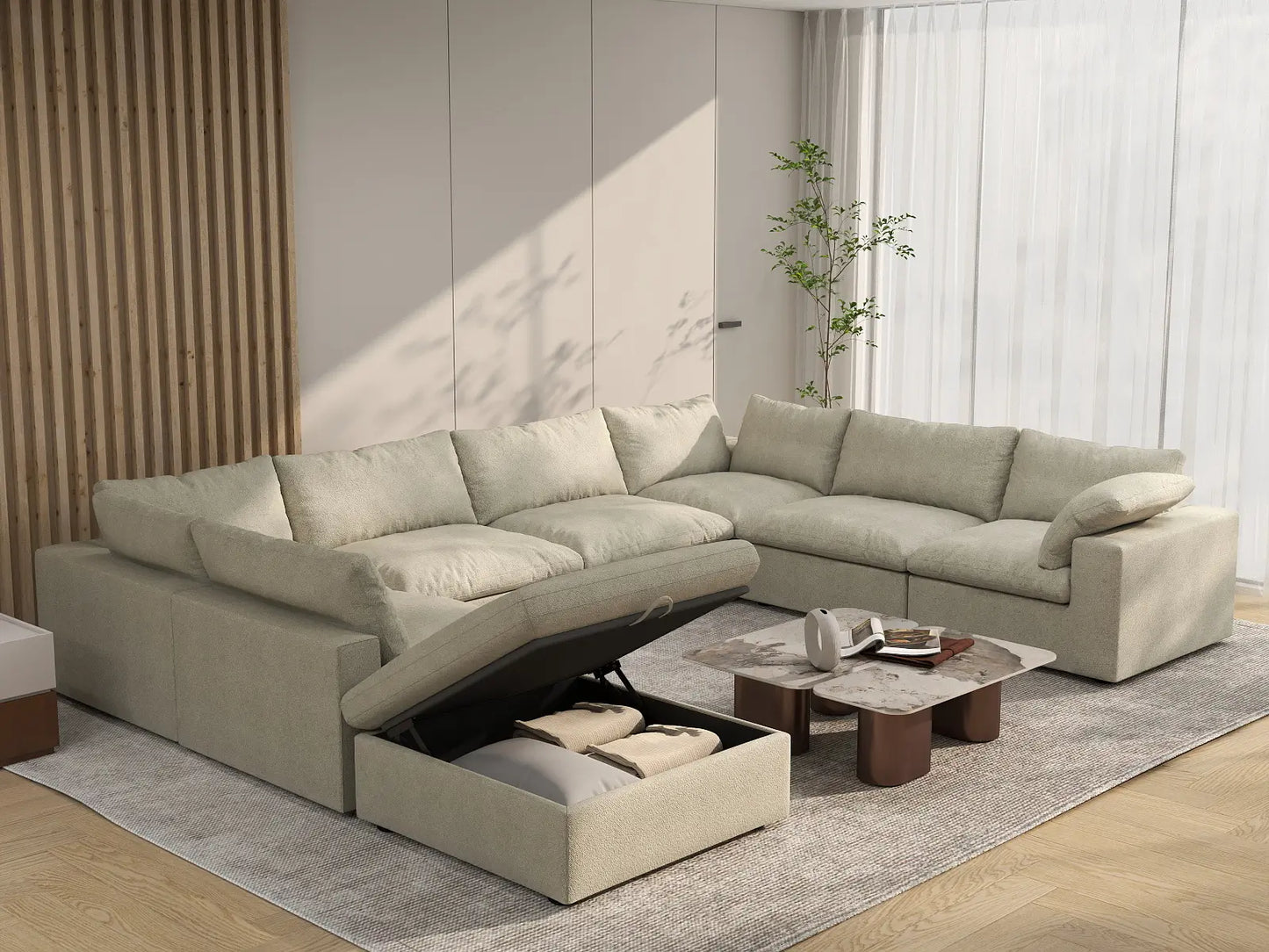 Deluxe Cloud 7-Seater Khaki U-Shaped Sectional | 8-Piece (Includes 1 Ottoman), Cotton And Linen Fabric, Washable Cushion Covers