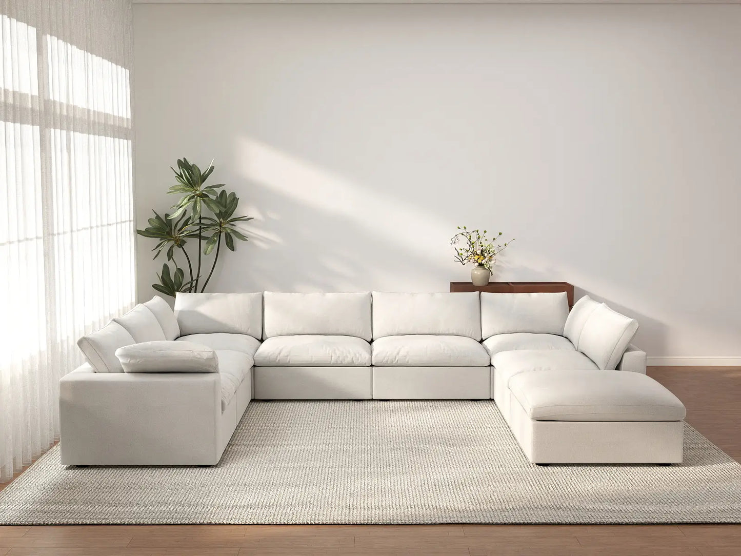 Deluxe Cloud 7-Seater White U-Shaped Sectional | 8-Piece (Includes 1 Ottoman), Cotton And Linen Fabric, Washable Cushion Covers