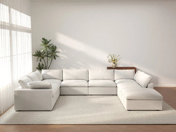 Deluxe Cloud 7-Seater White U-Shaped Sectional | 8-Piece (Includes 1 Ottoman), Cotton And Linen Fabric, Washable Cushion Covers