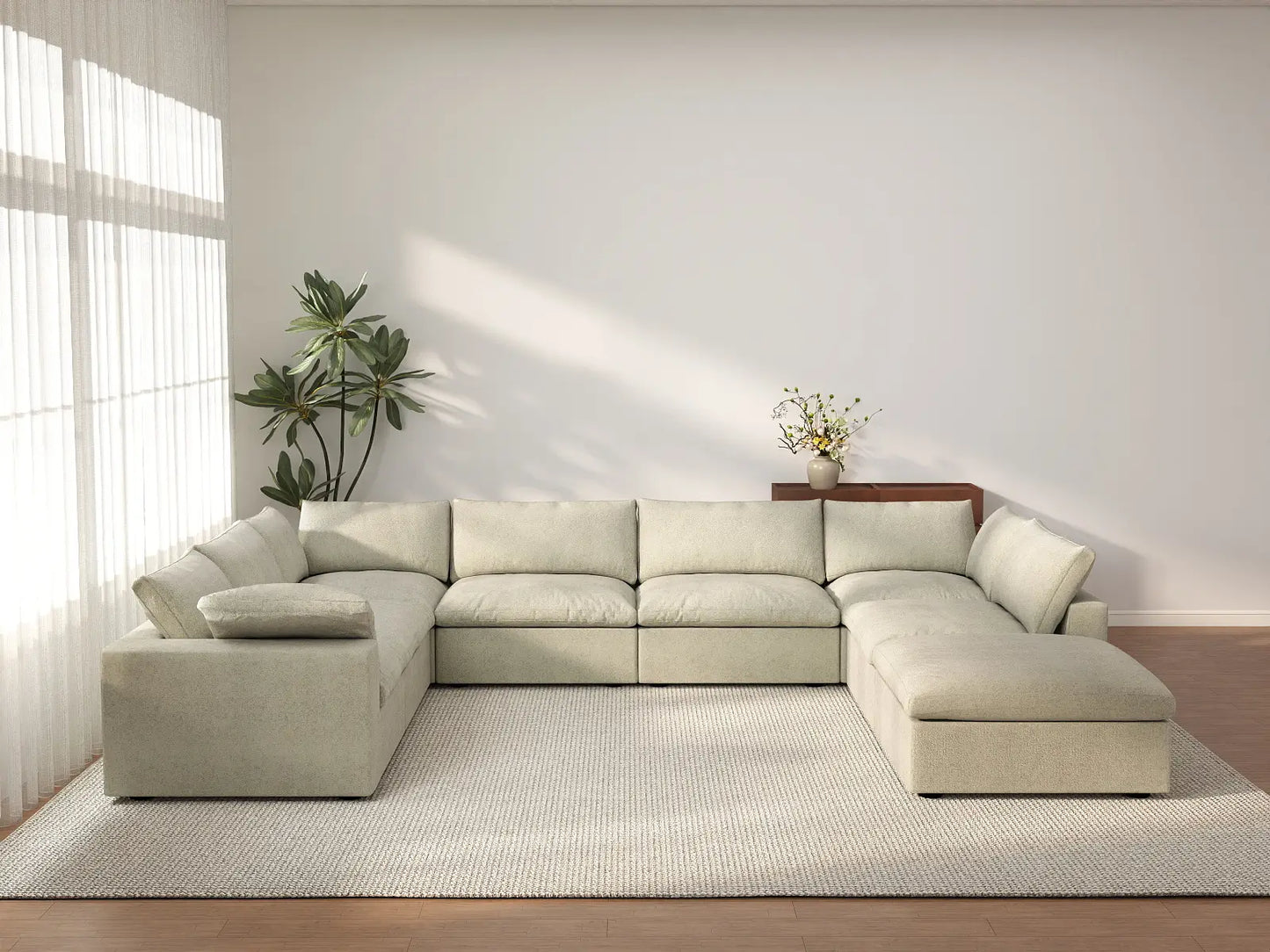 Deluxe Cloud 7-Seater Khaki U-Shaped Sectional | 8-Piece (Includes 1 Ottoman), Cotton And Linen Fabric, Washable Cushion Covers