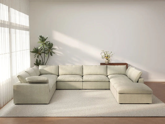 Deluxe Cloud 7-Seater Khaki U-Shaped Sectional | 8-Piece (Includes 1 Ottoman), Cotton And Linen Fabric, Washable Cushion Covers