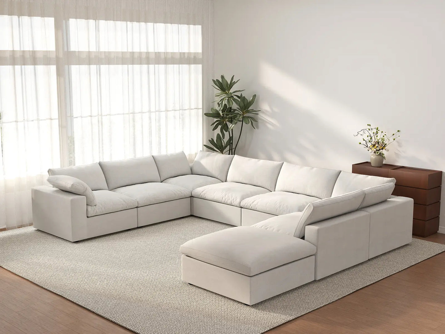 Deluxe Cloud 7-Seater White U-Shaped Sectional | 8-Piece (Includes 1 Ottoman), Cotton And Linen Fabric, Washable Cushion Covers