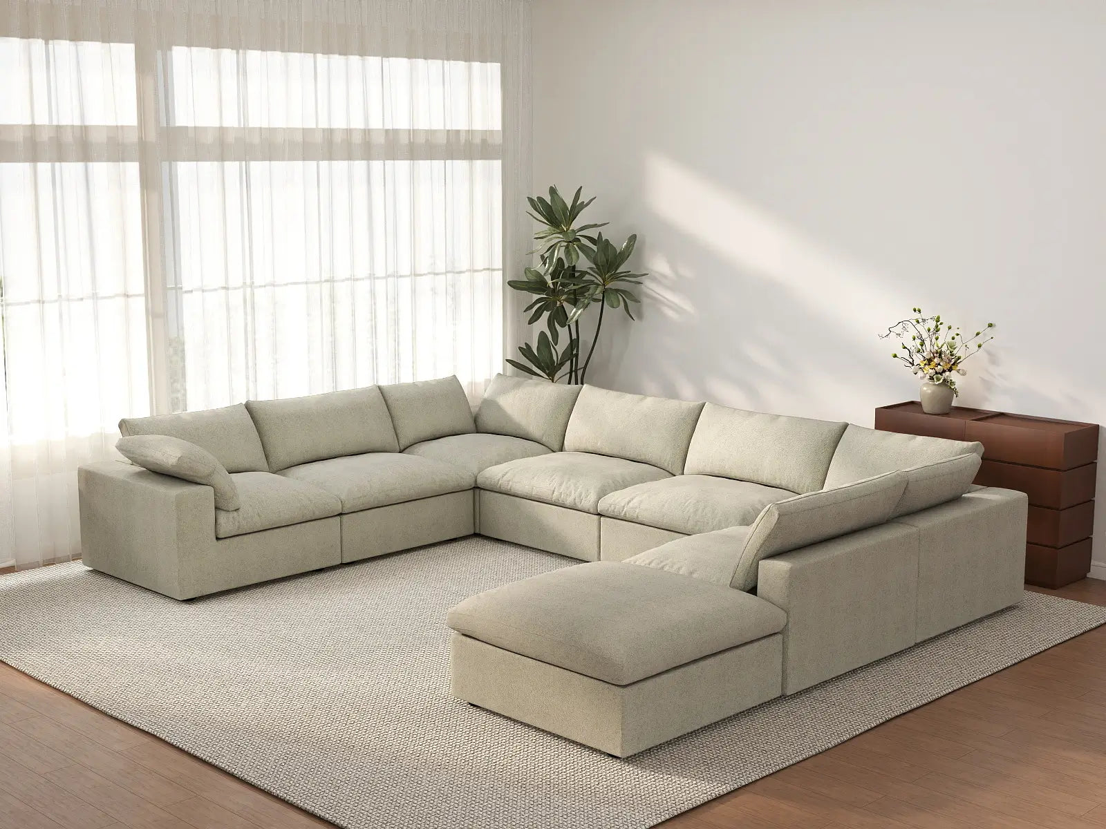 Deluxe Cloud 7-Seater Khaki U-Shaped Sectional | 8-Piece (Includes 1 Ottoman), Cotton And Linen Fabric, Washable Cushion Covers