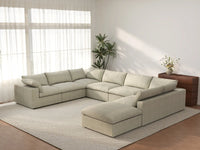 Deluxe Cloud 7-Seater Khaki U-Shaped Sectional | 8-Piece (Includes 1 Ottoman), Cotton And Linen Fabric, Washable Cushion Covers