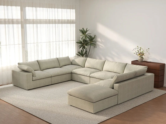 Deluxe Cloud 7-Seater Khaki U-Shaped Sectional | 8-Piece (Includes 1 Ottoman), Cotton And Linen Fabric, Washable Cushion Covers