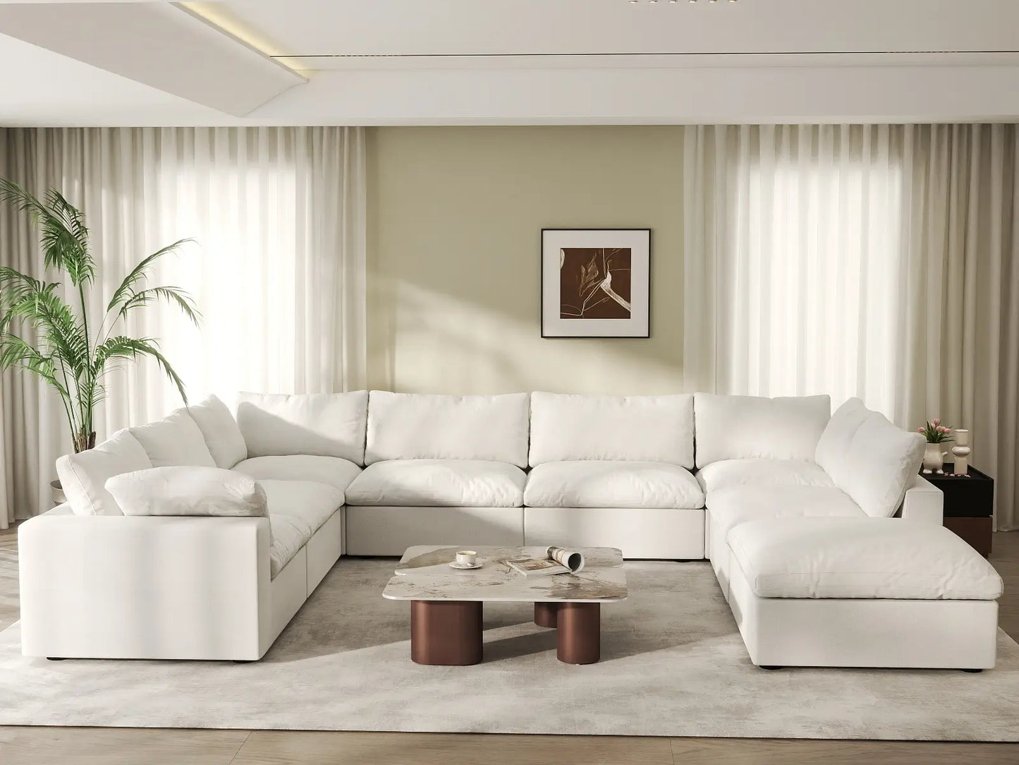 Deluxe Cloud 7-Seater White U-Shaped Sectional | 8-Piece (Includes 1 Ottoman), Cotton And Linen Fabric, Washable Cushion Covers