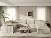 Deluxe Cloud 7-Seater Khaki U-Shaped Sectional | 8-Piece (Includes 1 Ottoman), Cotton And Linen Fabric, Washable Cushion Covers