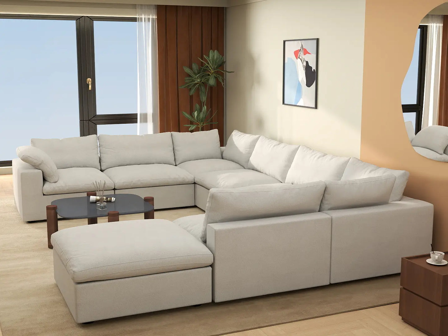 Deluxe Premium Cloud Sectional Sofa Covers | White Cotton and Linen Sofa Cover for 7-Seater with 1-Ottoman