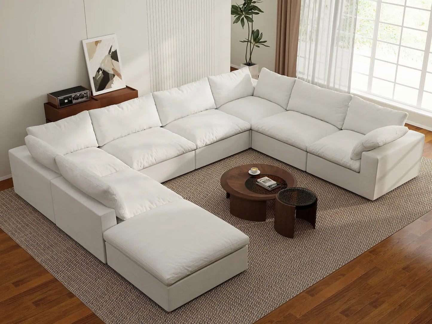 Deluxe Cloud 7-Seater White U-Shaped Sectional | 8-Piece (Includes 1 Ottoman), Cotton And Linen Fabric, Washable Cushion Covers