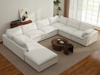 Deluxe Cloud 7-Seater White U-Shaped Sectional | 8-Piece (Includes 1 Ottoman), Cotton And Linen Fabric, Washable Cushion Covers