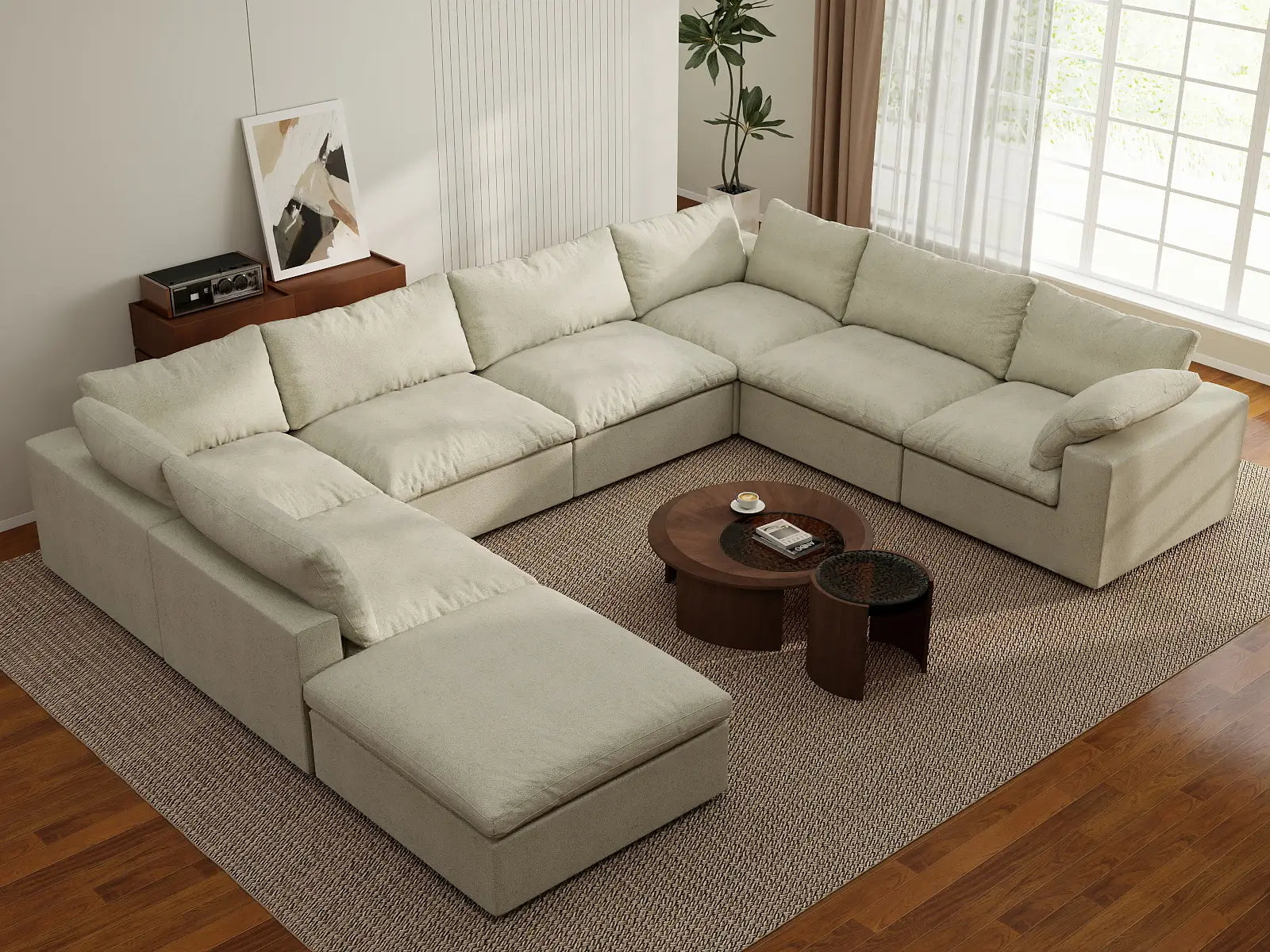 Deluxe Premium Cloud Sectional Sofa Covers | Khaki Cotton and Linen Sofa Cover for 7-Seater with 1-Ottoman