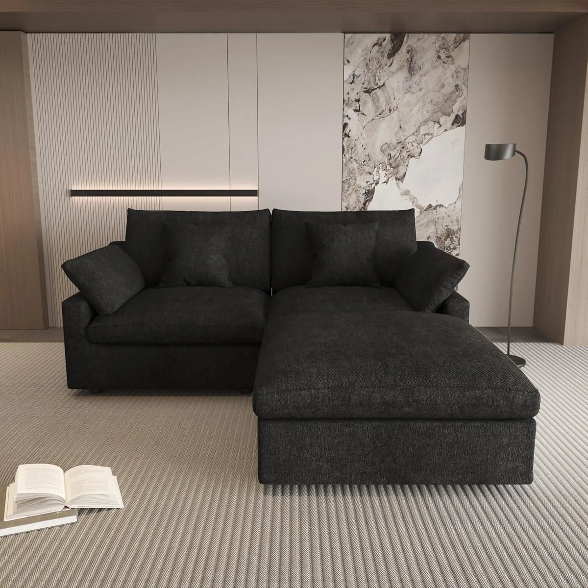 Sofá seccional de lujo Cloud de 2 plazas, color negro, lavable, con chaise longue | 3 piezas (incluye 1 otomana), tejido de chenilla y lino, diseño modular.