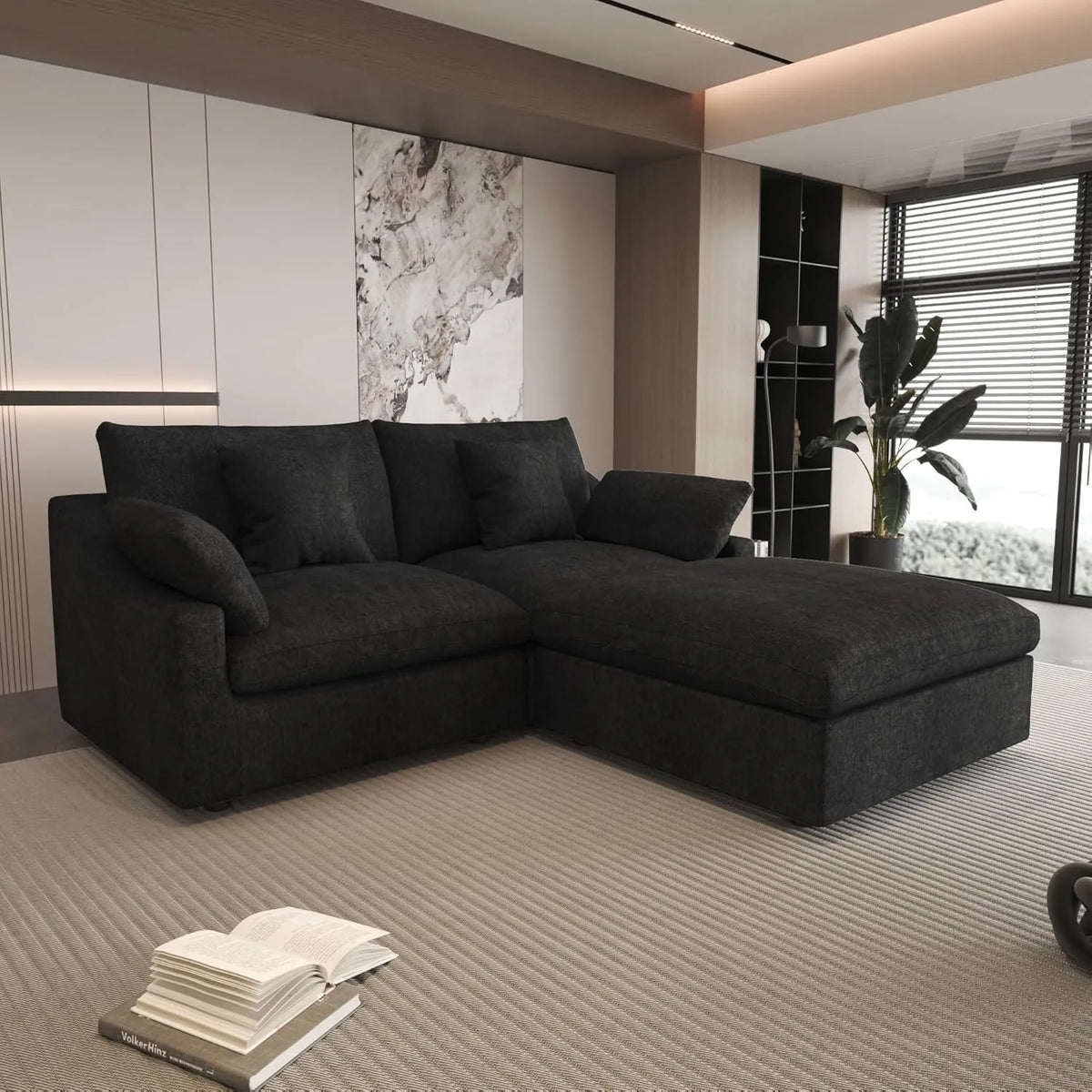 Sofá seccional de lujo Cloud de 2 plazas, color negro, lavable, con chaise longue | 3 piezas (incluye 1 otomana), tejido de chenilla y lino, diseño modular.