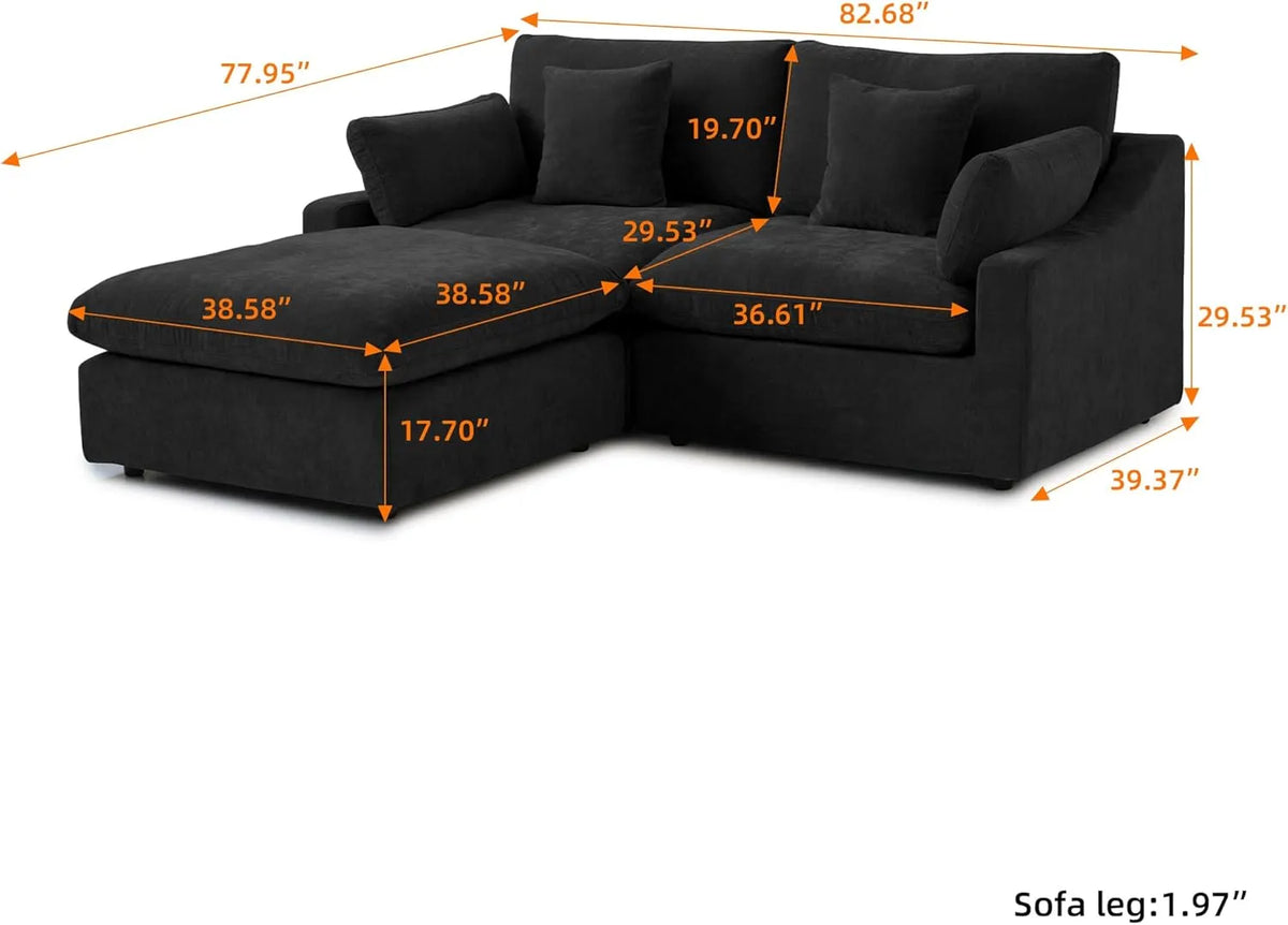 Sofá seccional de lujo Cloud de 2 plazas, color negro, lavable, con chaise longue | 3 piezas (incluye 1 otomana), tejido de chenilla y lino, diseño modular.