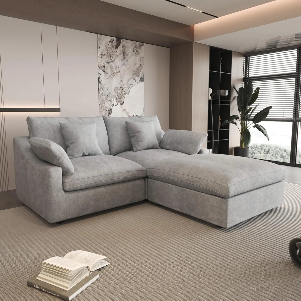 Deluxe Cloud 2-Seater Light-Grey Washable Chaise Sectional | 3-Piece (includes 1 Ottoman), Chenille and Linen Fabric, Modular Design