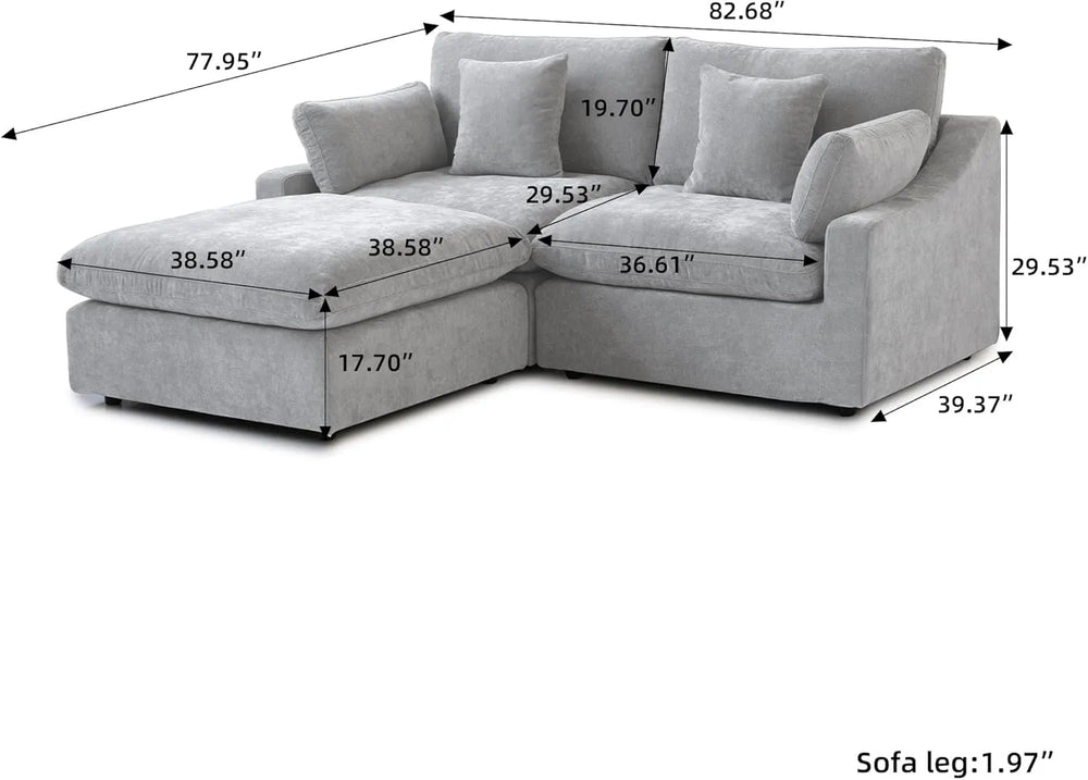 Deluxe Slope Cloud Sectional Sofas | Linen Light Grey Chaise Sectionals 80" Modular Design 2-seaters