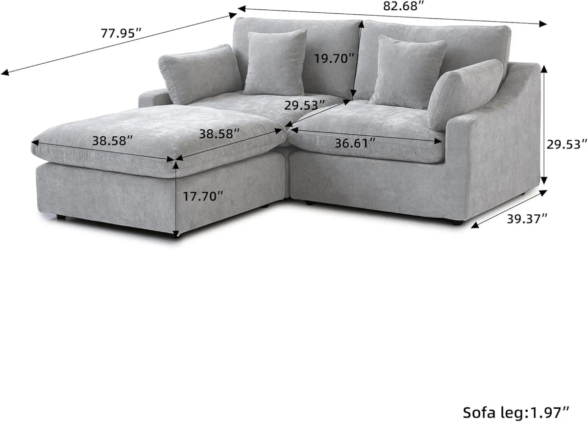 Deluxe Cloud 2-Seater Light-Grey Washable Chaise Sectional | 3-Piece (includes 1 Ottoman), Chenille and Linen Fabric, Modular Design