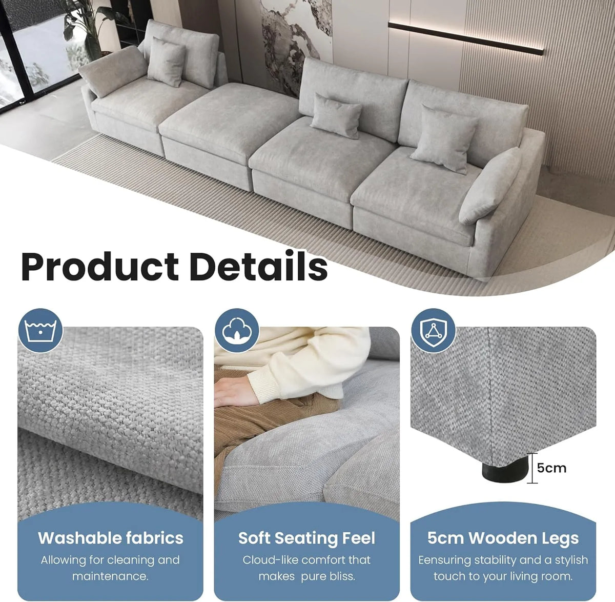 Deluxe Cloud 2-Seater Light-Grey Washable Chaise Sectional | 3-Piece (includes 1 Ottoman), Chenille and Linen Fabric, Modular Design