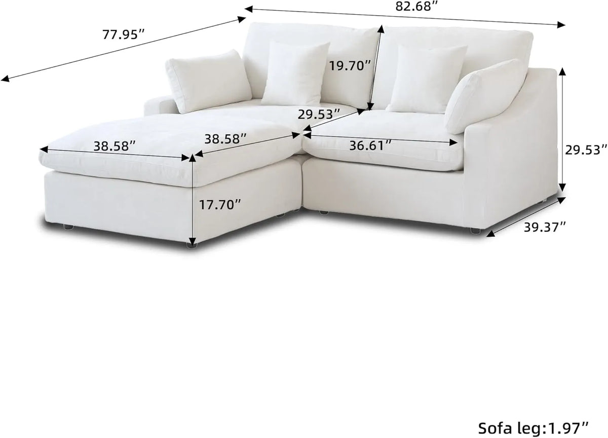 Deluxe Cloud 2-Seater White Washable Chaise Sectional | 3-Piece (includes 1 Ottoman), Chenille and Linen Fabric, Modular Design