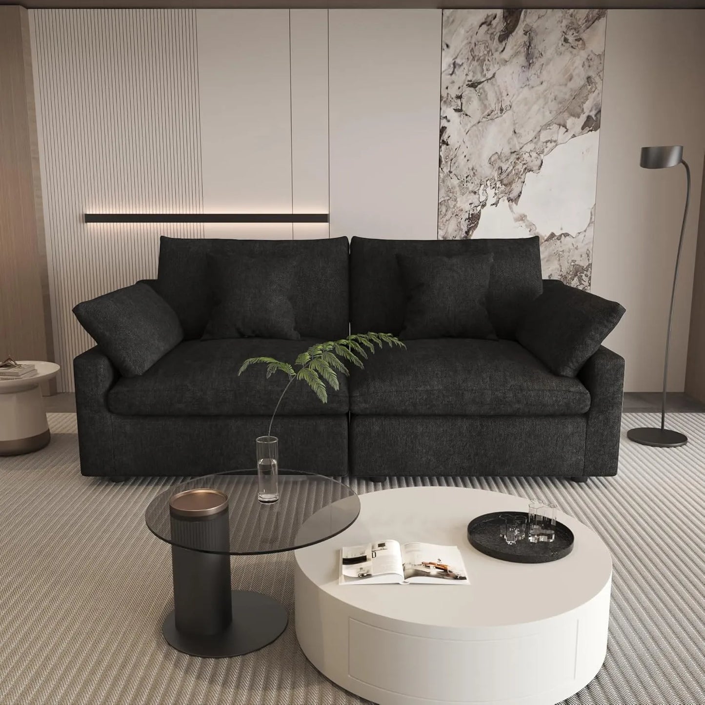 Deluxe Slope Cloud Sectional Sofas | Linen Black Loveseats 80" Modular Design 2-seaters