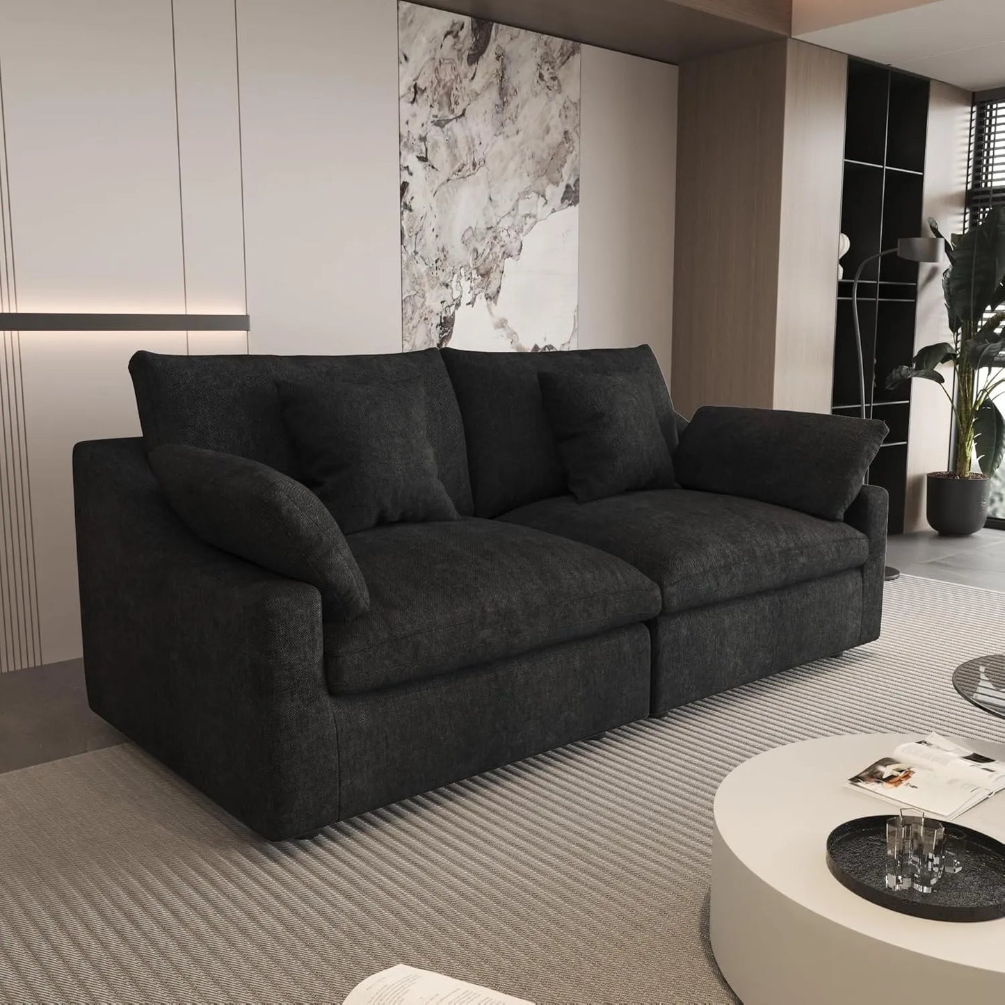 Deluxe Slope Cloud Sectional Sofas | Linen Black Loveseats 80" Modular Design 2-seaters