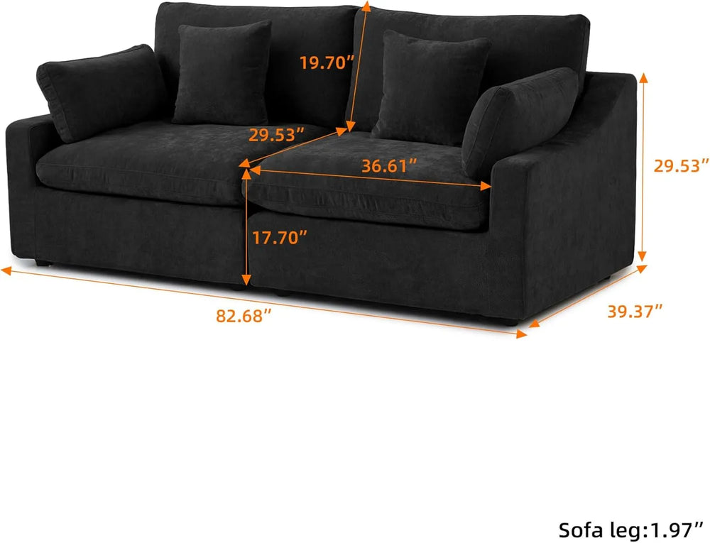 Deluxe Slope Cloud Sectional Sofas | Linen Black Loveseats 80" Modular Design 2-seaters