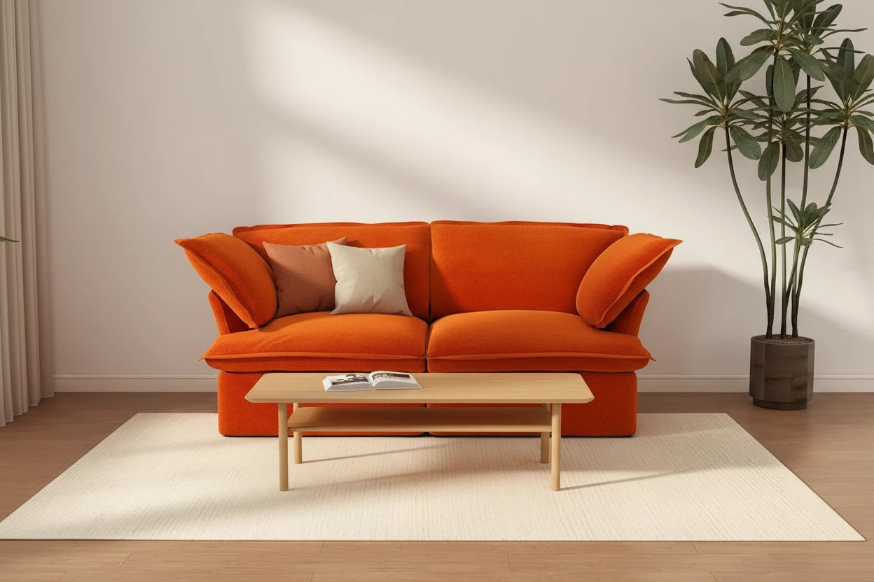 A compact apartment living room with a clean-lined velvet loveseat