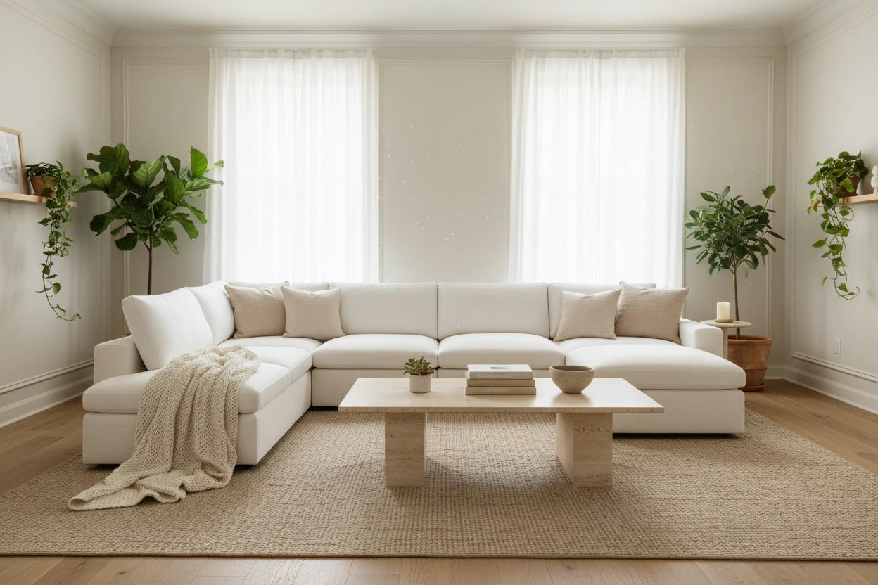 A formerly formal living room softened through natural textures
